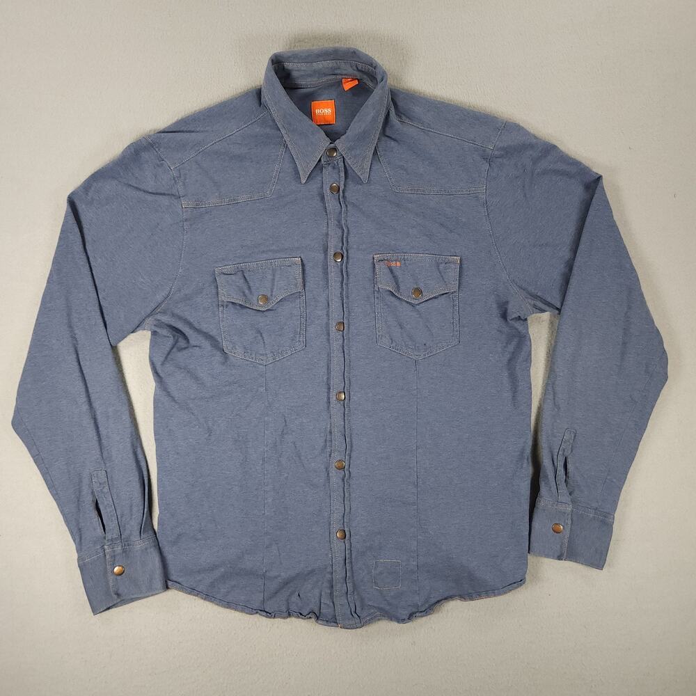 Hug Boss Orange Shirt Mens Medium Button Up Snap Western